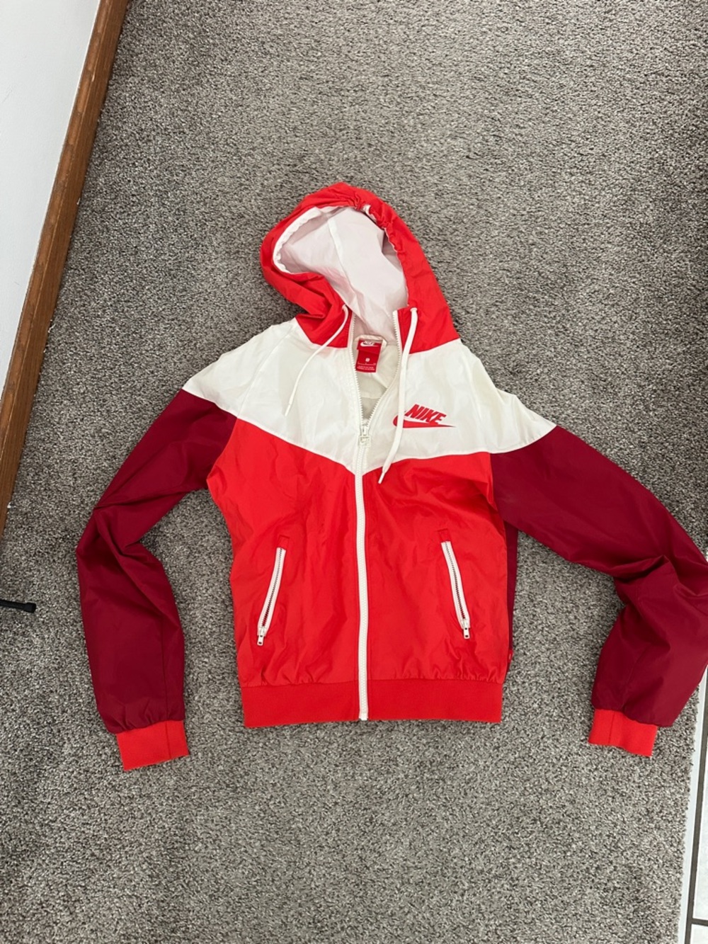 Nike Women's Red White and Burgundy Colorblock Hooded Bomber Jacket